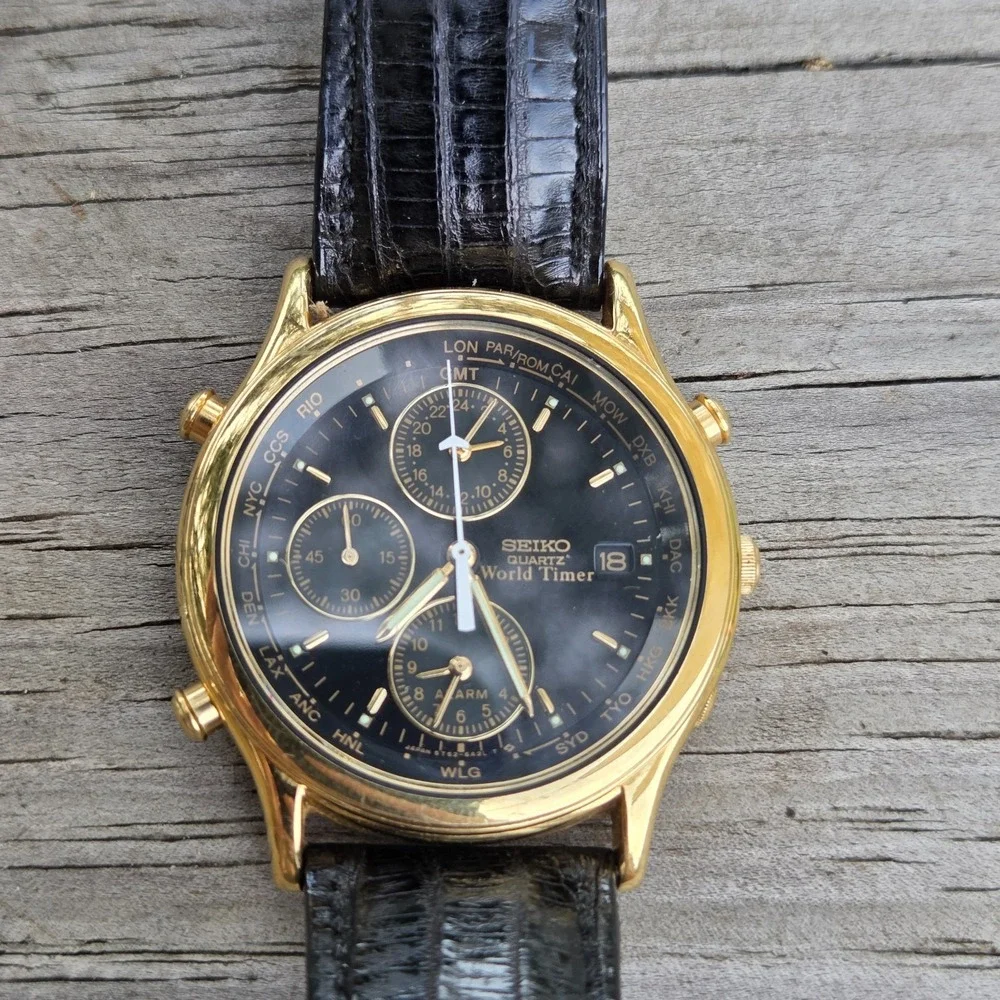 Vintage Seiko World Timer Alarm Quartz 37mm Wristwatch 5T52-6A39 New Battery